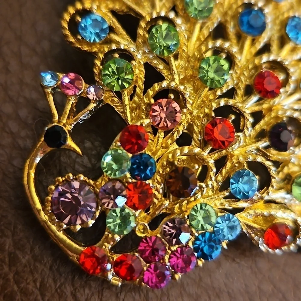 Vintage Large Colorful Rainbow Rhinestone Peacock Brooch